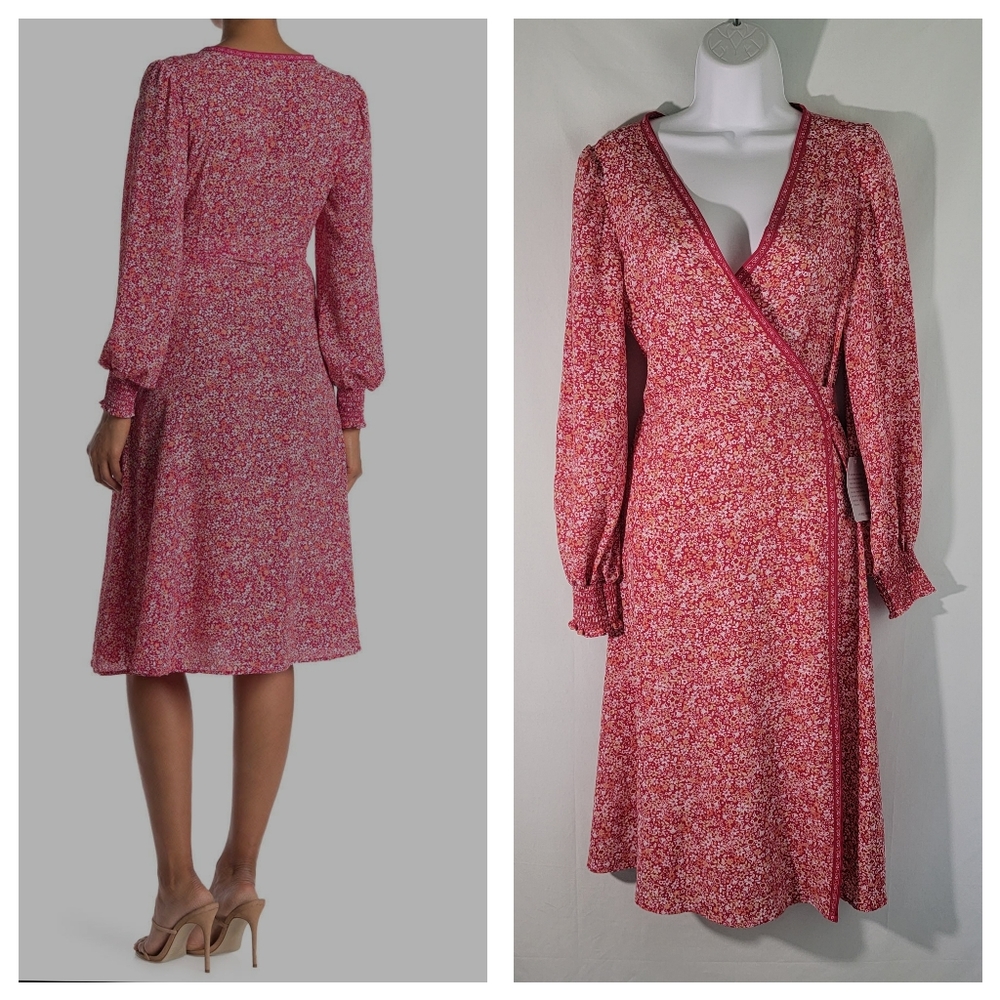 NWT MAX STUDIO Red Dott Print Wrap Midi Dress Size M Smocked Cuff Long Sleeve - Picture 12 of 12